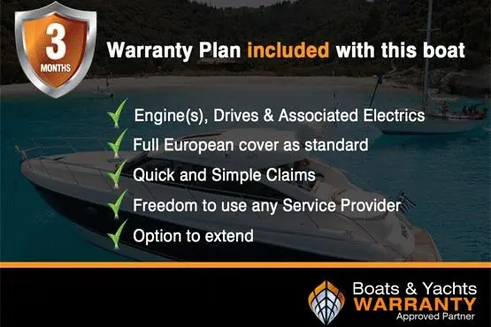 Warranty plan included with this boat, covering engines, drives, quick claims, European cover, service providers, and extension option.