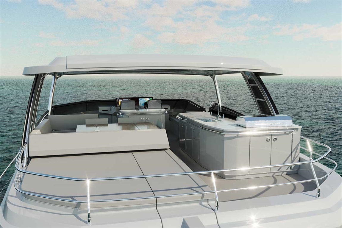 Luxury yacht deck with seating, wet bar, and navigation displays, set against a serene ocean and sky backdrop.