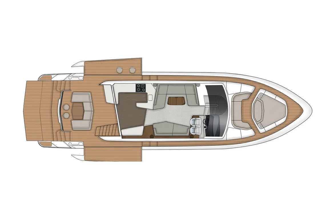 Top view of a yacht interior, featuring a steering area, seating, and a small kitchenette with modern finishes.