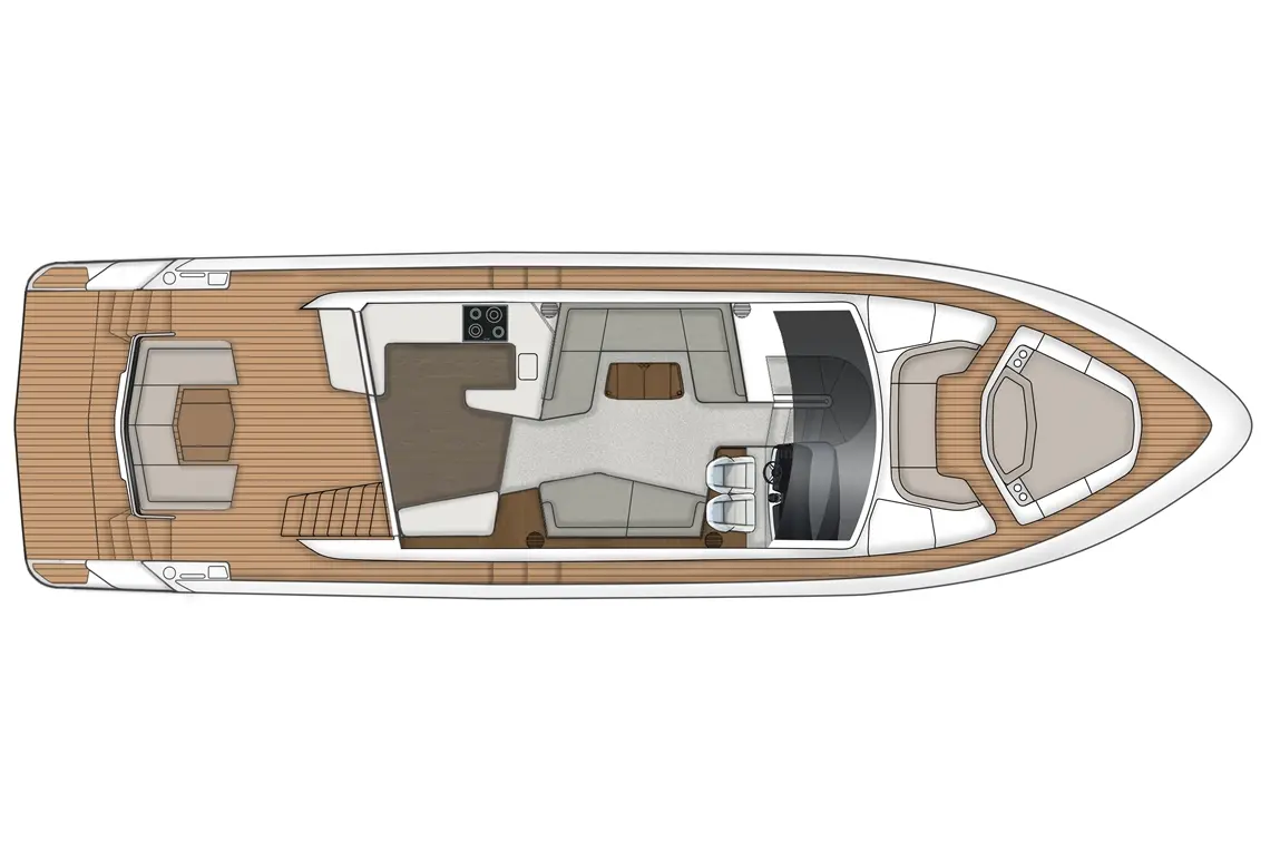 Top view of a yacht's deck, featuring seating, helm controls, and a kitchen area, designed for recreational use.