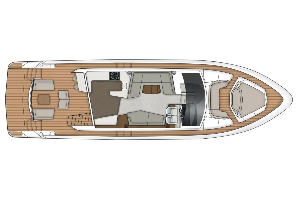 Top view of a modern boat layout featuring seating, helm area, kitchenette, and wooden deck design.