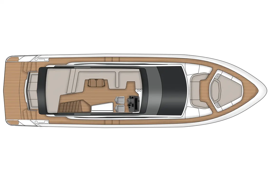Top view of a modern yacht interior with seating, helm, and wooden deck layout featuring a sunbathing area.