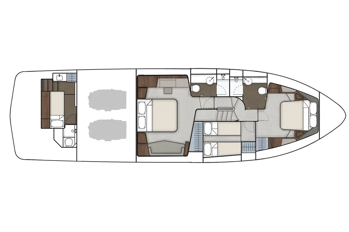 Layout of a yacht interior, featuring two bedrooms, two bathrooms, and a compact kitchen area.
