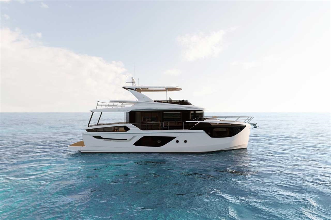 A luxury yacht with a sleek design floats on calm, blue waters under a clear sky, showcasing modern marine elegance.