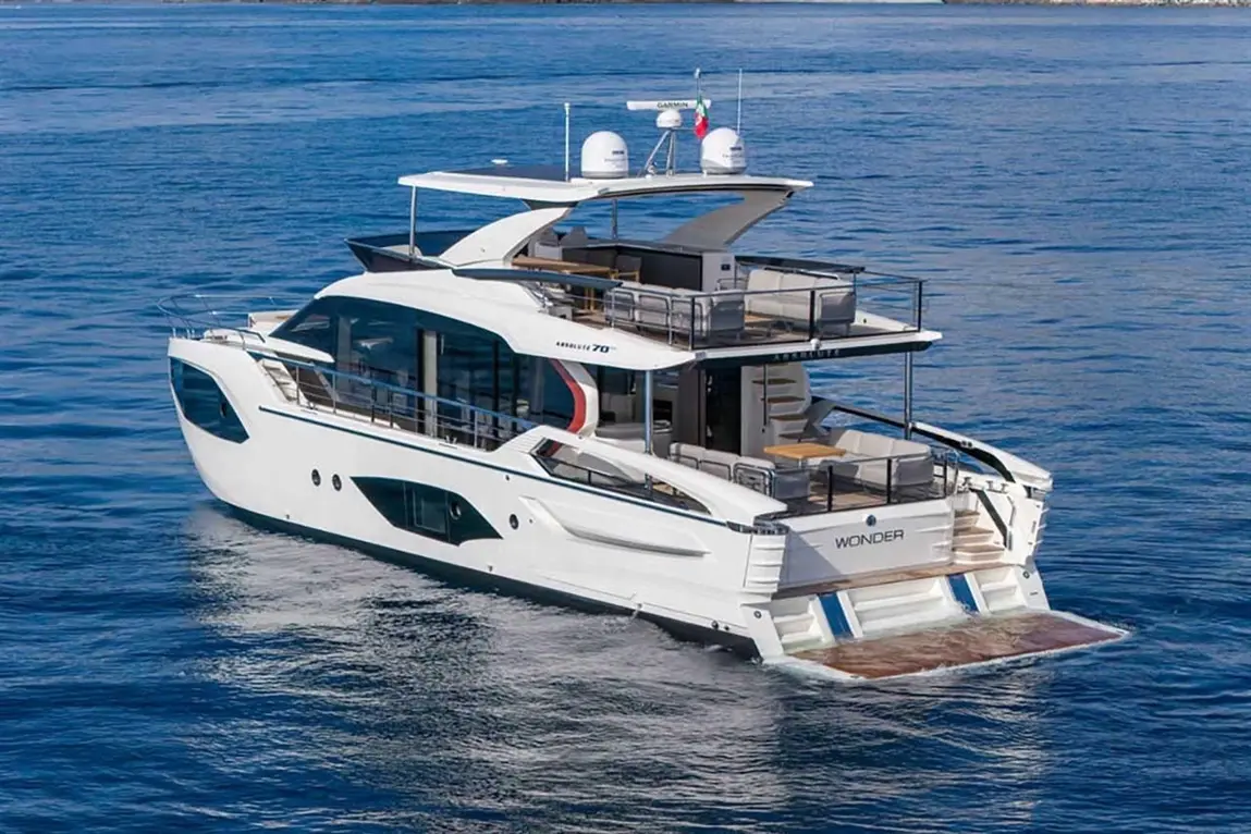 A luxury yacht named "WONDER" sailing on calm waters, featuring modern design and spacious outdoor areas for leisure.