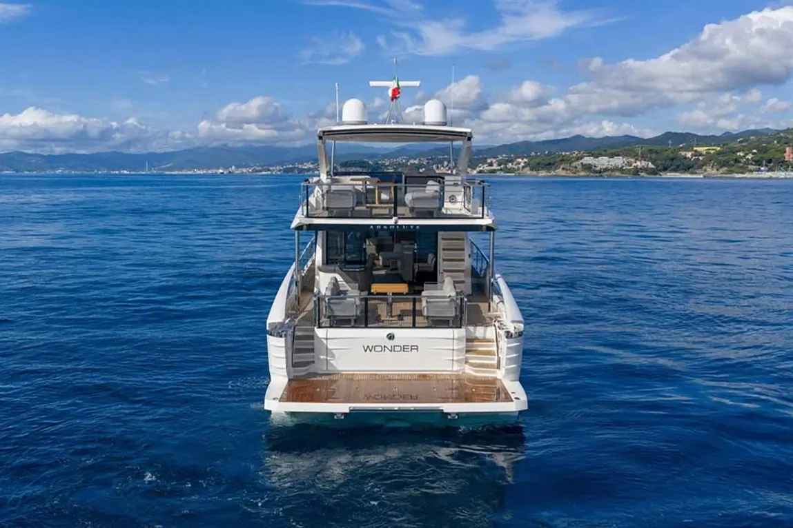 Luxury motor yacht "Wonder" anchored in calm blue waters, featuring a spacious deck and scenic coastal backdrop.