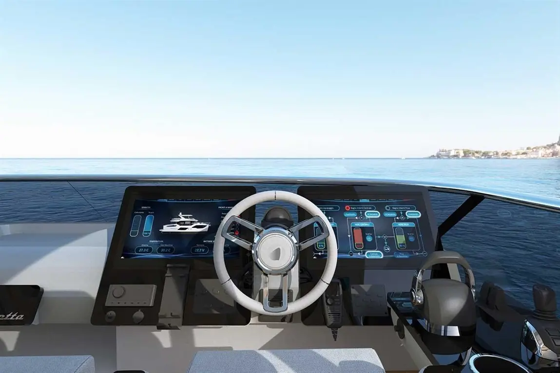 Sleek yacht interior featuring a modern steering wheel, control panel, and panoramic sea view.