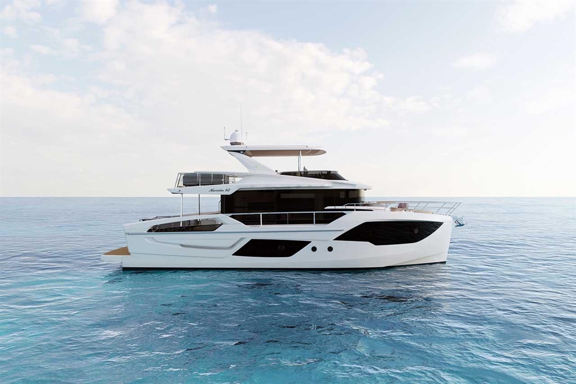A sleek, modern yacht named "Navigator 42" floating on calm blue waters under a bright sky.