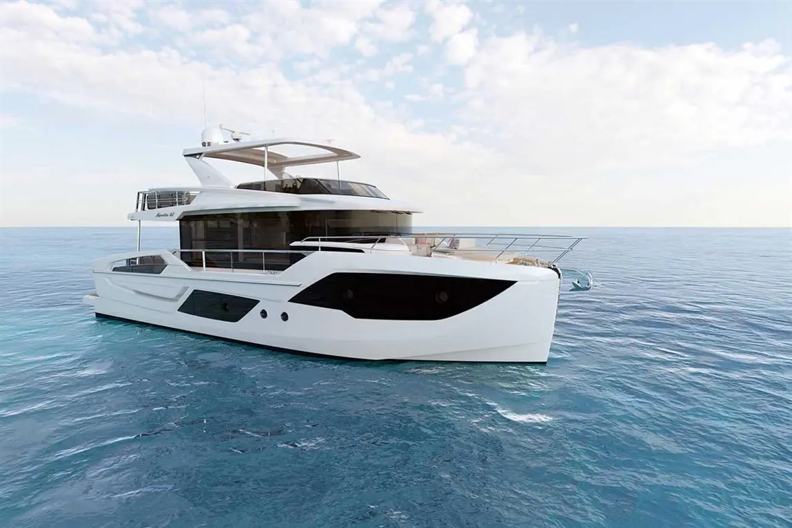 Luxury yacht cruising on calm sea, featuring a sleek white design and expansive upper deck with panoramic windows.
