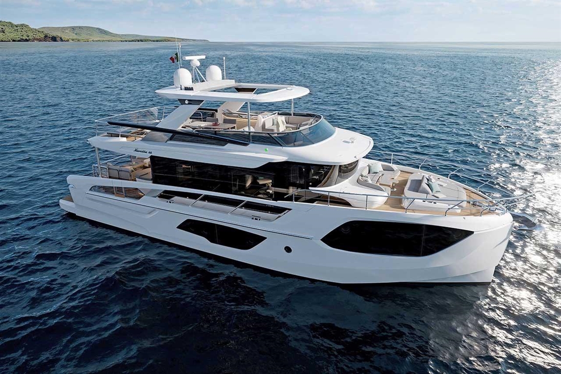 A luxury yacht named "Maritima 44" navigates calm waters, showcasing sleek design and spacious outdoor seating areas.
