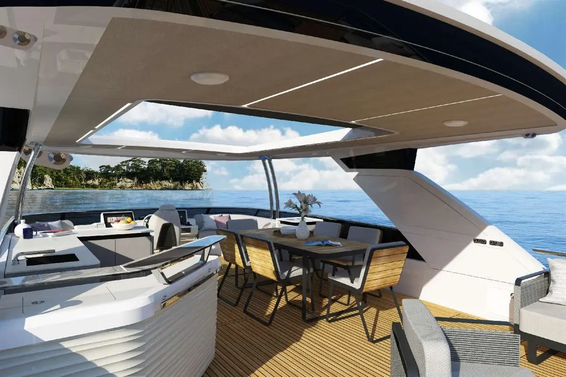 Luxury yacht deck with dining area, coastal view, sleek furniture, and natural lighting from overhead skylights.