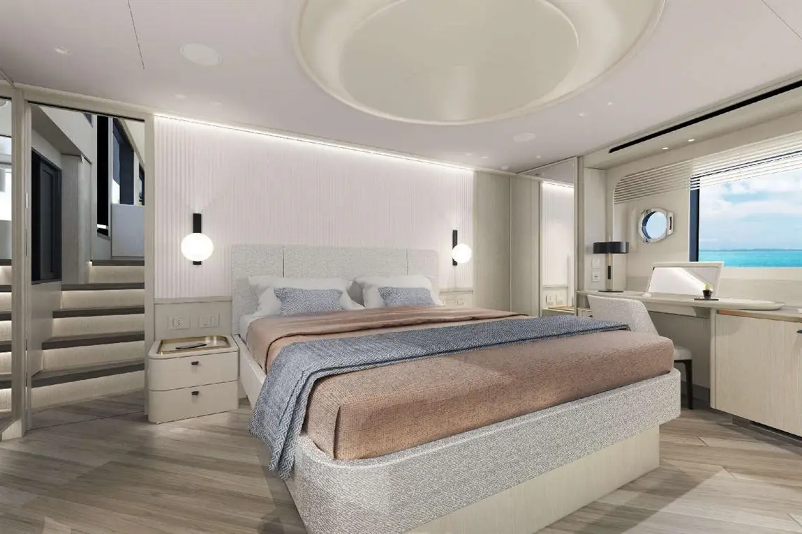 Modern bedroom with a large bed, soft lighting, a desk, and seashell window, enhancing a serene atmosphere.