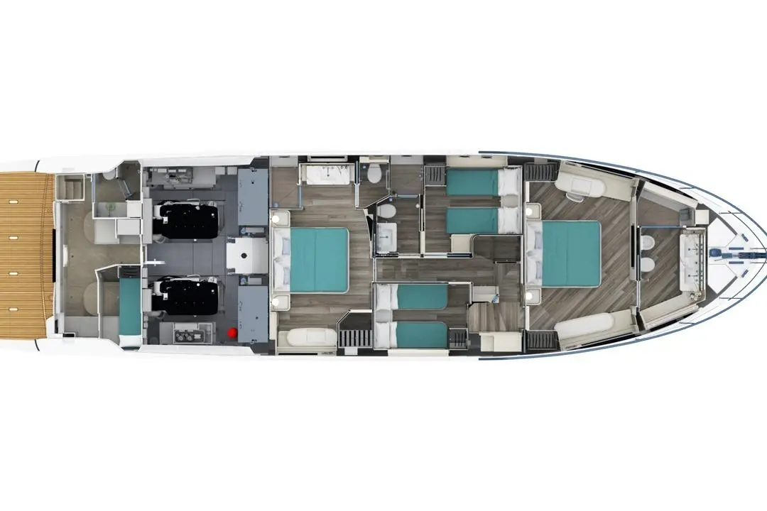 Layout of a luxury yacht interior featuring bedrooms, bathrooms, and salon with modern furnishings and hardwood flooring.