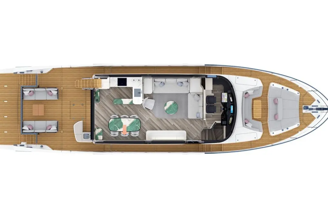 Top view of a yacht interior featuring a lounge area, dining space, kitchen, and outdoor seating on wooden decking.