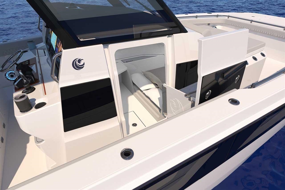 A sleek boat interior featuring a steering wheel, control panel, and a cabin with cushions, surrounded by blue water.