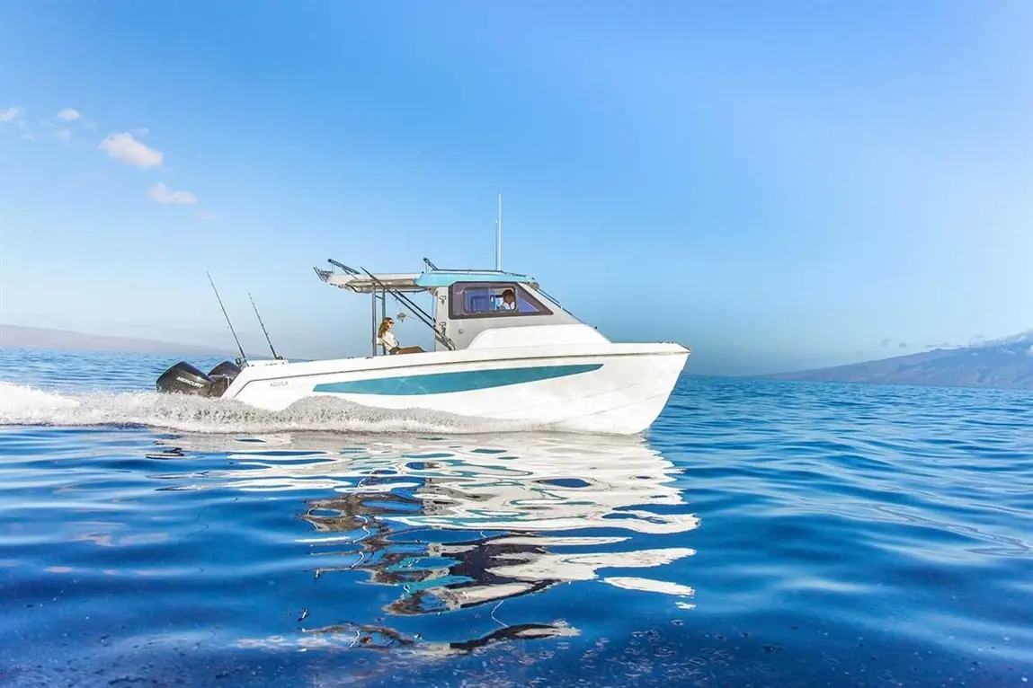 A white fishing boat with two engines glides over calm blue water under a clear sky, with fishing rods mounted on the side.