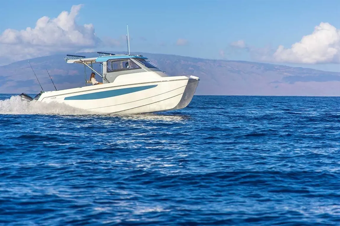 A white boat with a blue stripe speeds through the ocean, with fishing rods visible and mountains in the background.