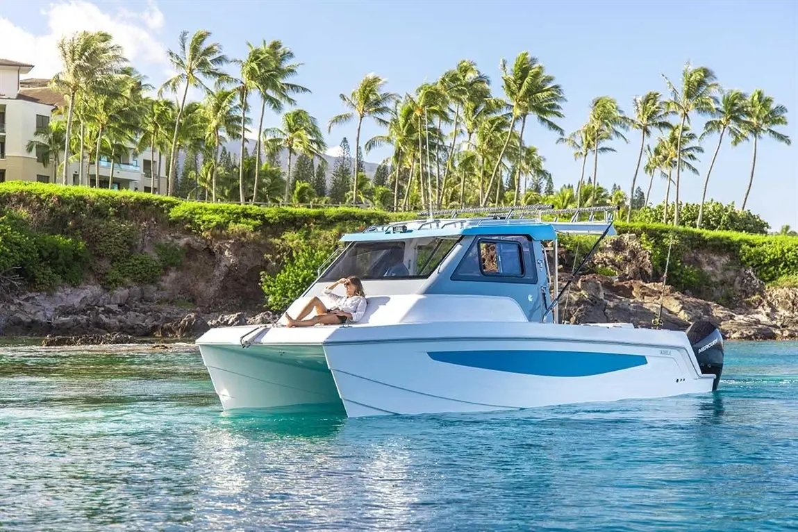 A woman relaxes on a boat in clear water near palm trees and rocky shoreline, under a blue sky with soft clouds.