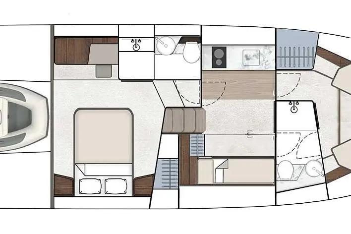 Boat interior layout featuring a bedroom, bathroom, kitchen, and living area with modern design elements.