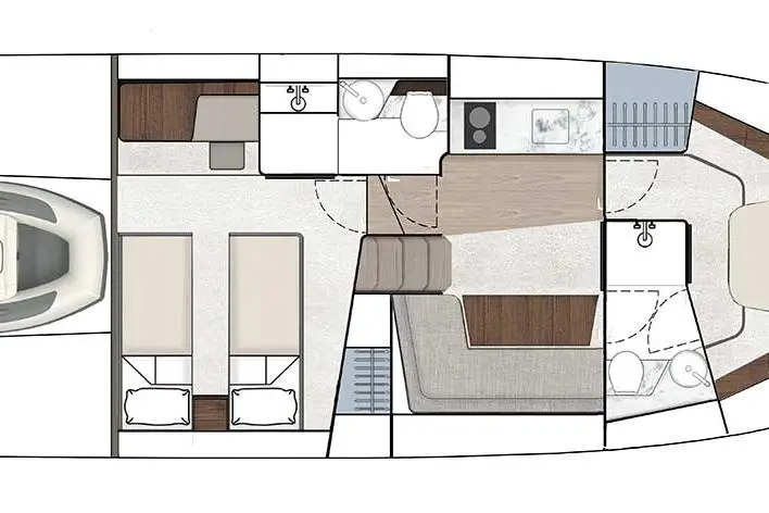 Boat layout featuring two bedrooms, a bathroom, kitchen area, and living space with a seating area and storage compartments.