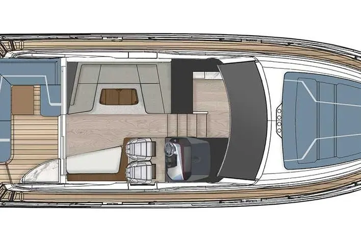 Top-down view of a modern boat's interior layout, featuring seating areas and an engine compartment.