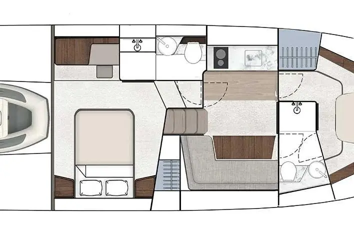 Boat interior layout featuring a bed, kitchen area, dining space, and bathroom facilities in a compact design.