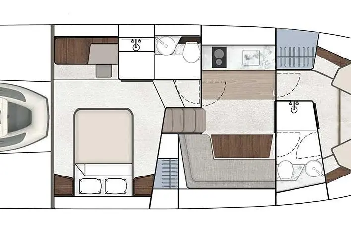 Schematic layout of a boat interior featuring a bedroom, bathroom, kitchen, and lounge area with furniture and fixtures.