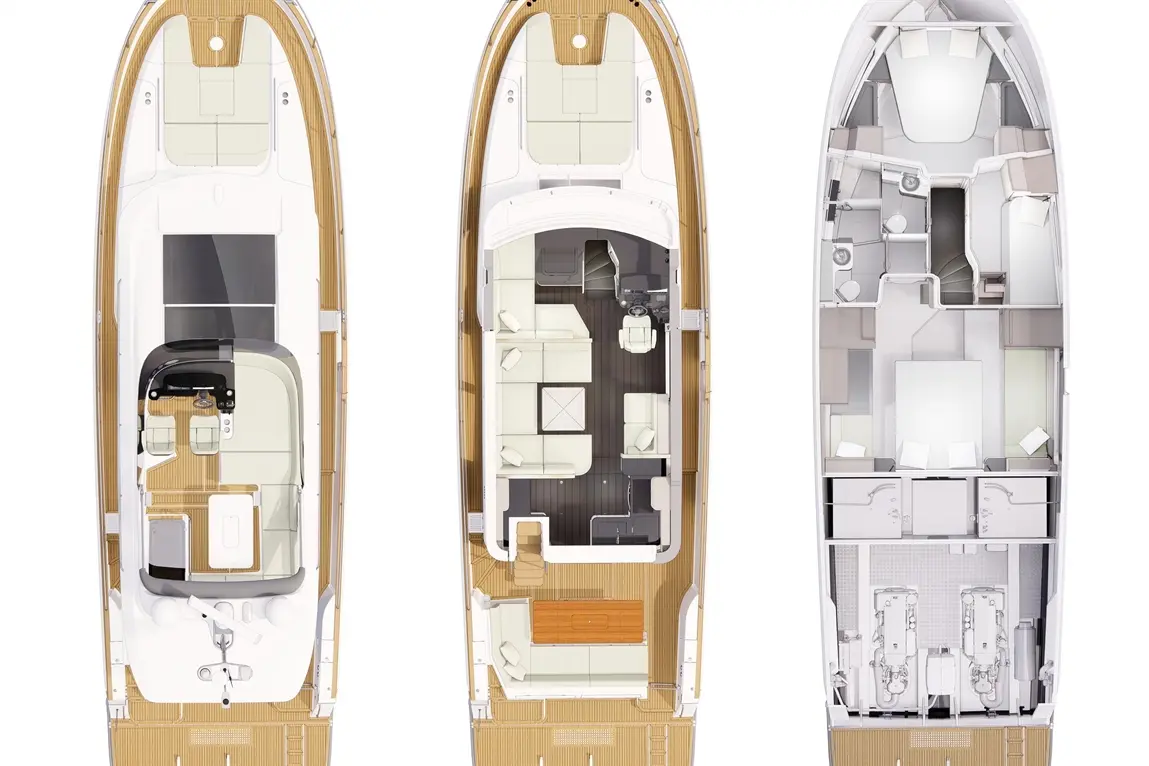 Top-down view of a yacht interior layout featuring the cockpit, living area, and cabin with seating and tables.