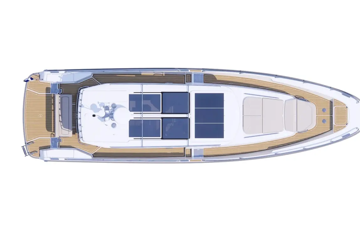 Top view of a sleek yacht featuring solar panels, a spacious deck, and seating areas, ideal for luxury boating.