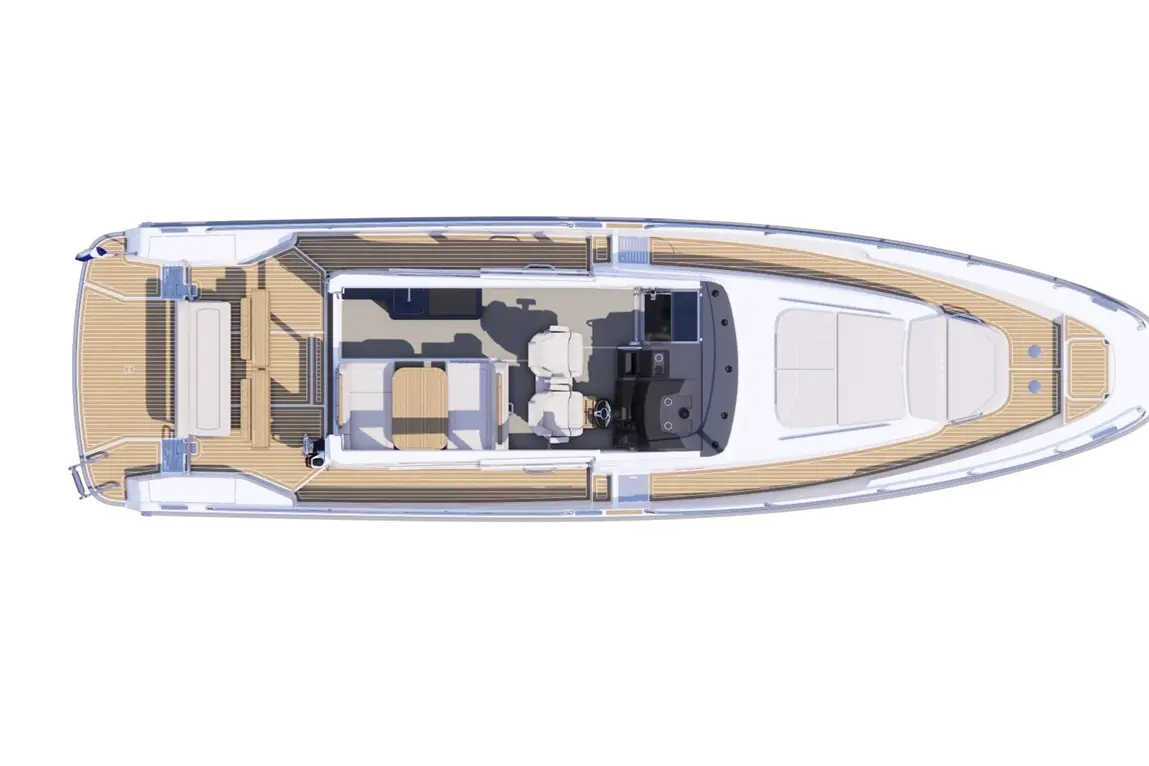 Top view of a stylish motorboat with seating, tables, and a steering area, featuring wooden decking and a sleek design.