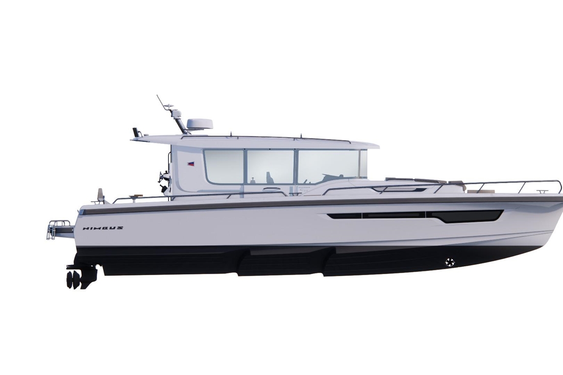 A side view of a Nimbus boat, featuring sleek design, windows, a radar, and black engine propellers against a white background.