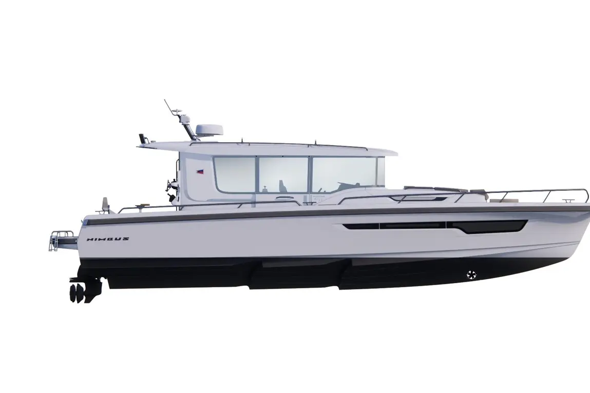 A side view of a Nimbus boat, featuring sleek design, windows, a radar, and black engine propellers against a white background.