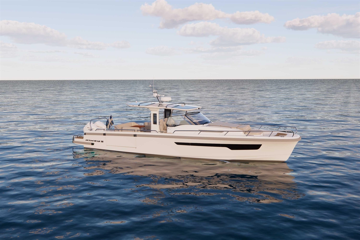 A sleek white Nimbus boat floats on calm waters under a clear sky with soft clouds, showcasing modern design and elegance.