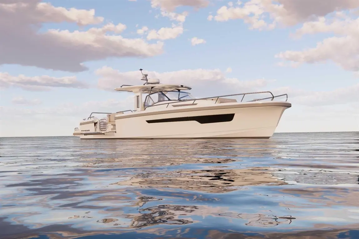 A sleek, white motorboat floats on calm water under a blue sky with clouds, showcasing modern design and reflections.