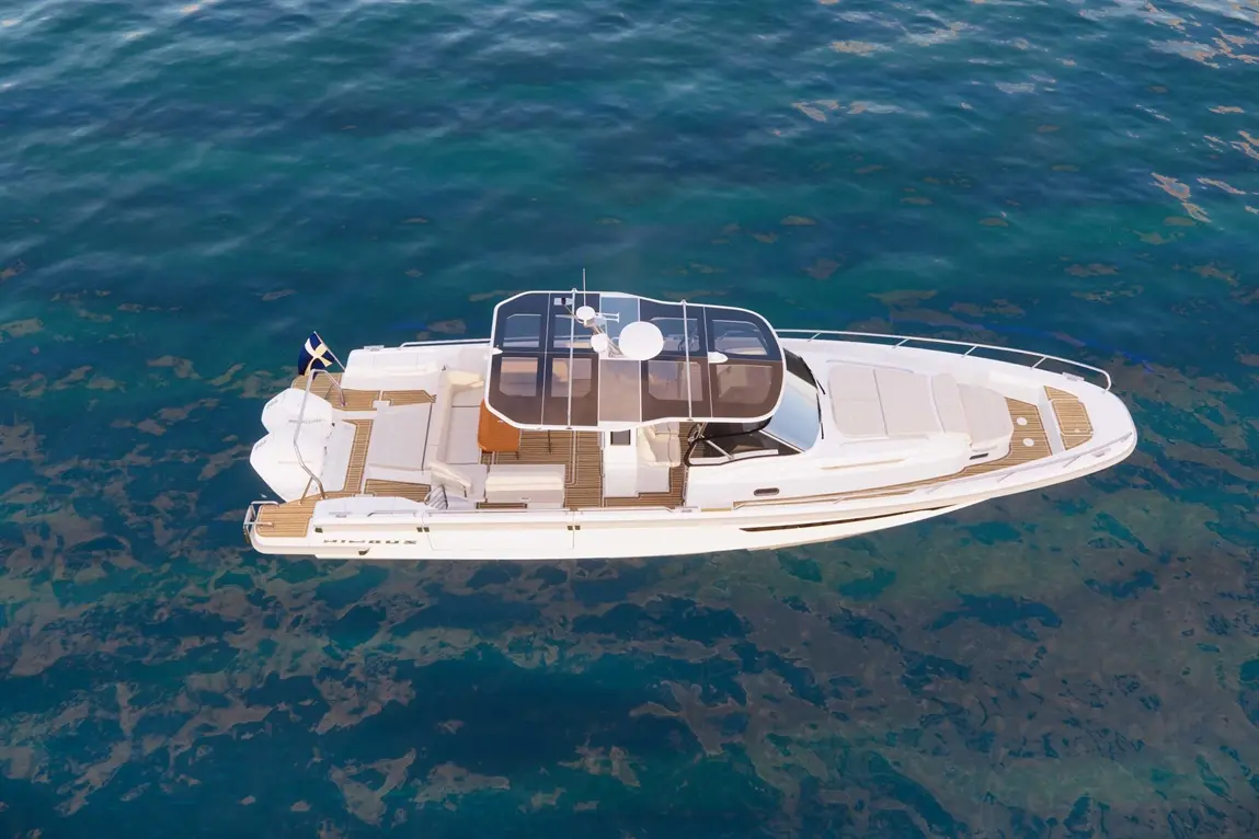 A luxurious white motor yacht with a clear roof, cruising over vibrant blue waters, showcasing sleek design and elegance.