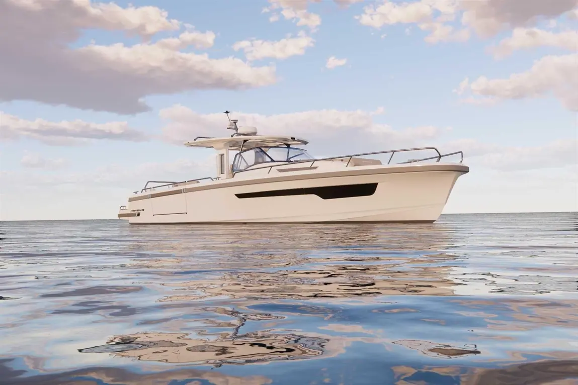 A sleek white boat floats on calm waters under a cloudy sky, reflecting serene shades of blue and grey.