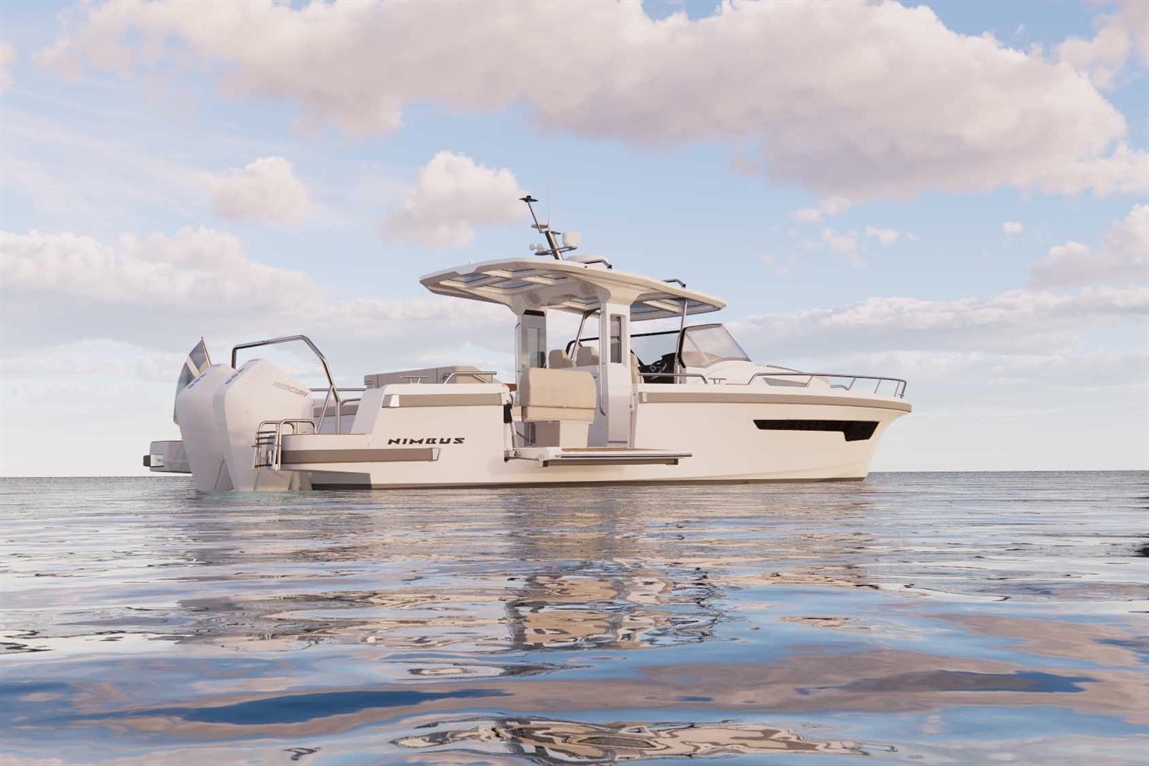 A Nimbus boat with a sleek design is anchored on calm waters, reflecting clouds in a clear blue sky.