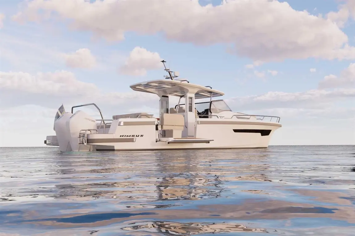 A Nimbus boat with a sleek design is anchored on calm waters, reflecting clouds in a clear blue sky.