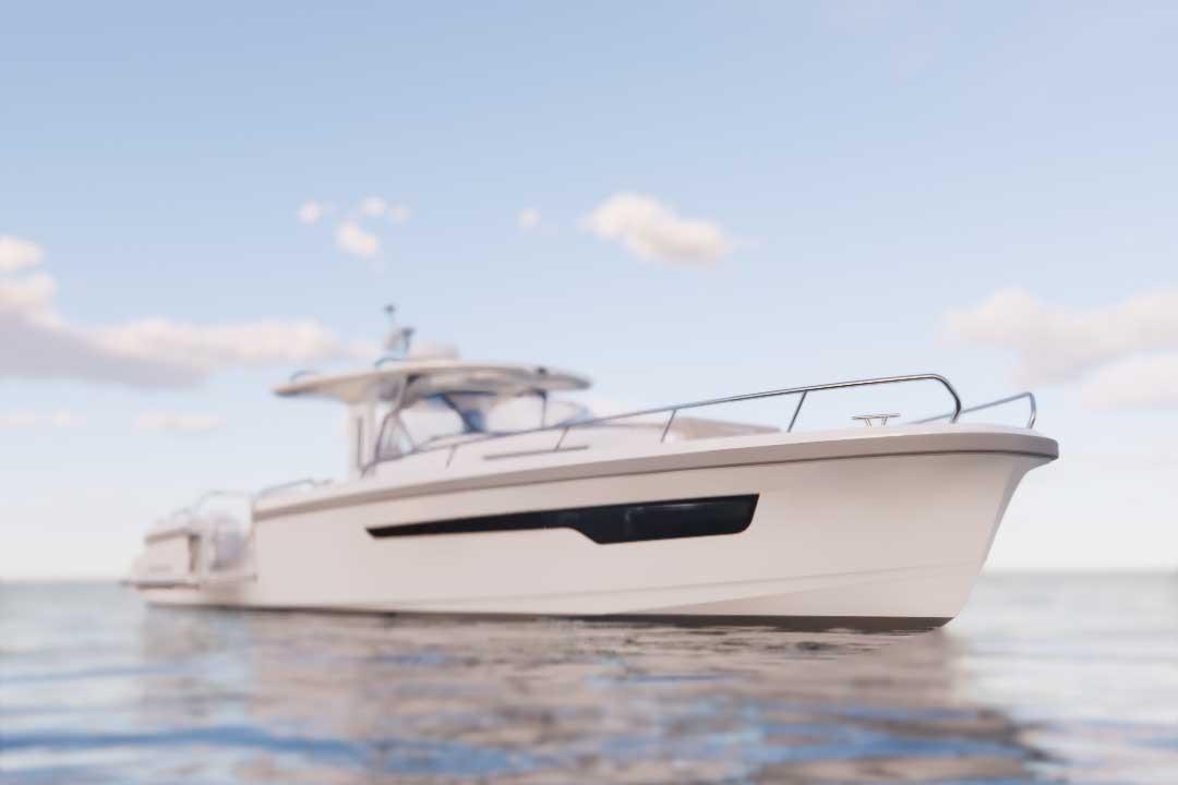 A sleek white motorboat with a modern design, floating on calm water under a blue sky with scattered clouds.