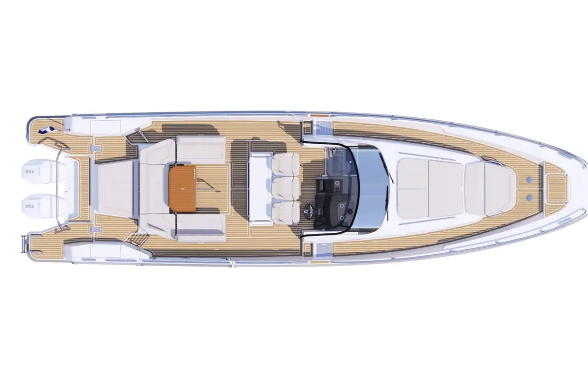 Top view of a sleek motor yacht featuring a spacious seating area, helm at the front, and wooden decking.
