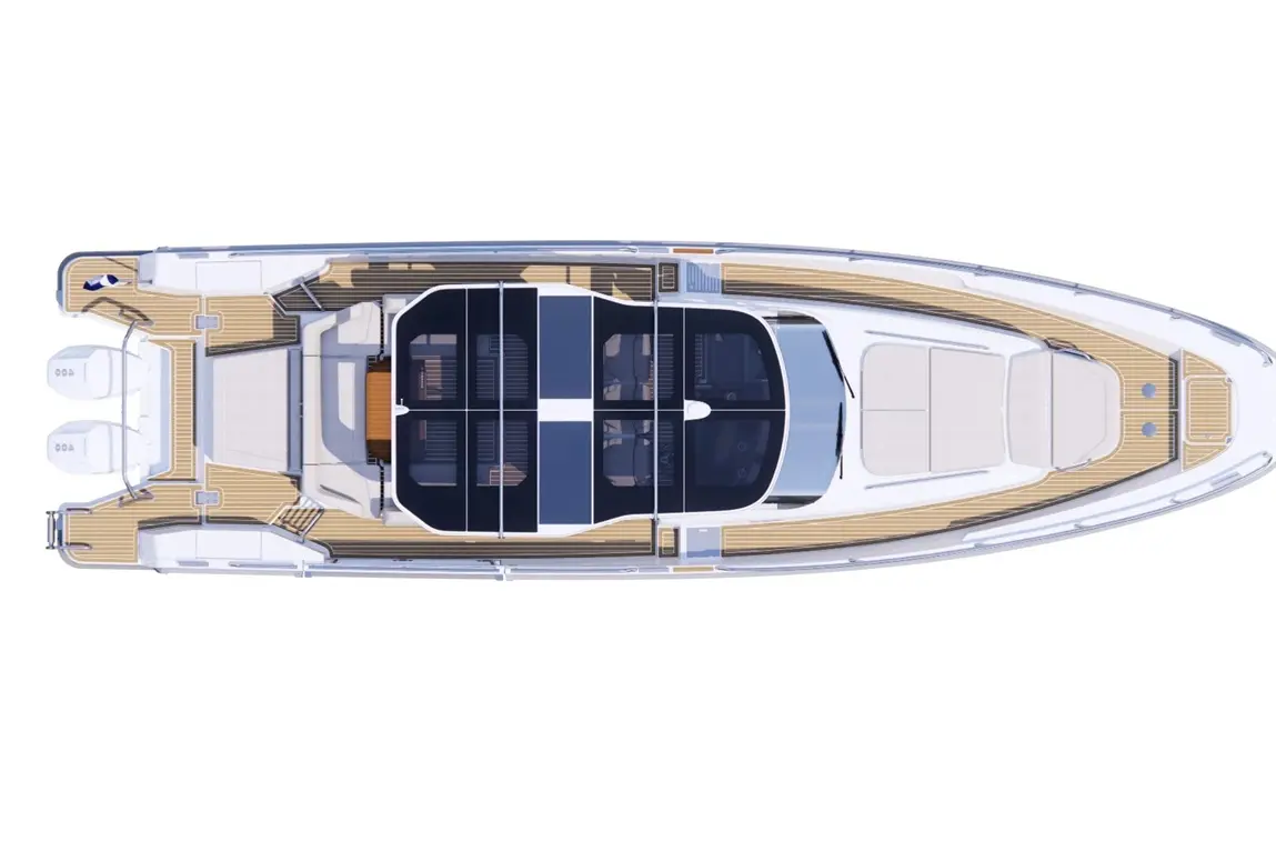 Top view of a luxury yacht showcasing spacious deck, sun lounging area, and seating arrangement with large glass panels.