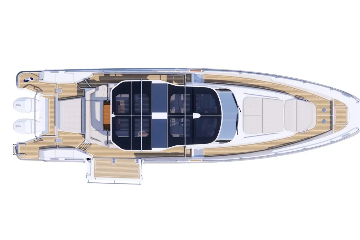 Top view of a modern luxury yacht featuring spacious decks and innovative seating arrangements. Ideal for leisure and comfort.