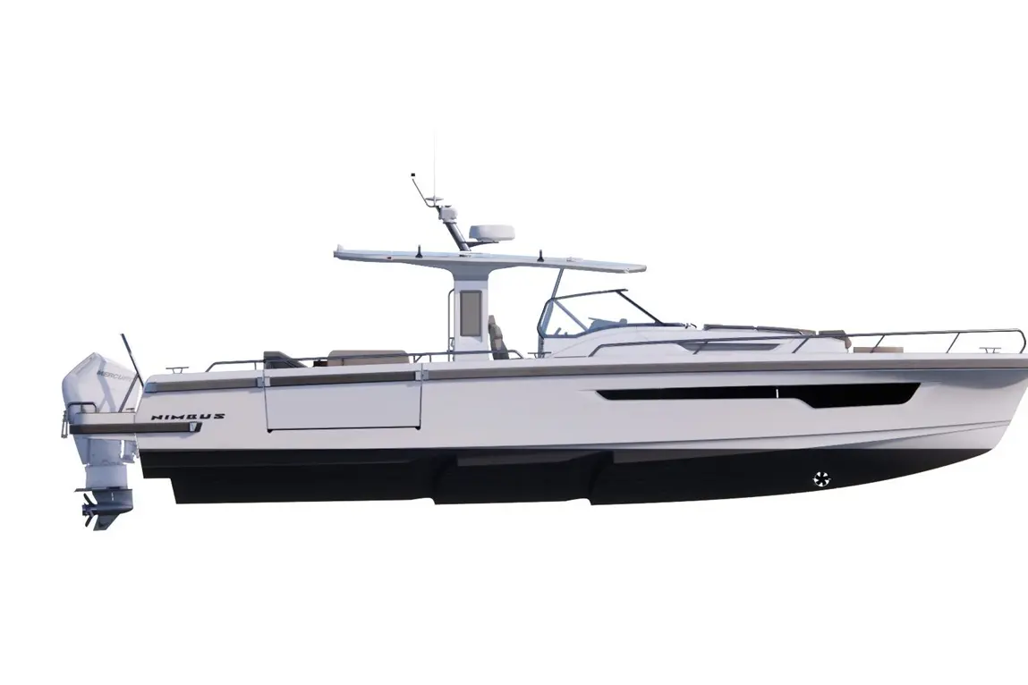 A white Nimbus boat with a Mercury engine is shown from the side, featuring sleek design and an open deck.