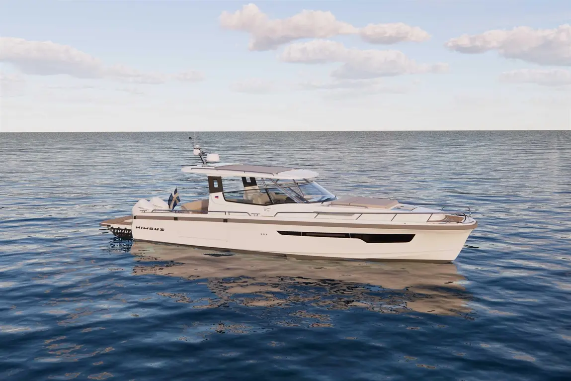 Luxury Nimbus boat cruising on calm waters, with a clear sky and reflections on the surface, showcasing Scandinavian design.