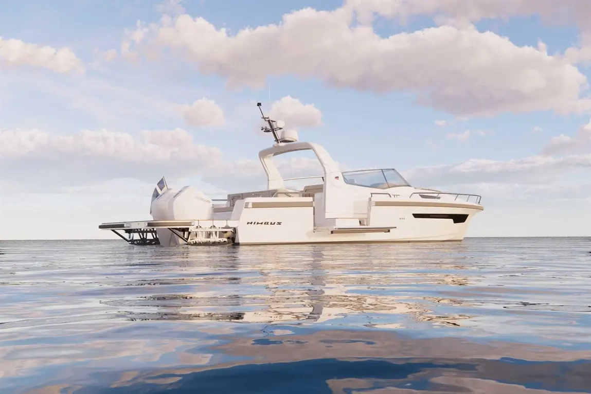 A sleek Nimbus boat floats on calm waters, reflecting clouds and the sky, with a modern design and no visible text.