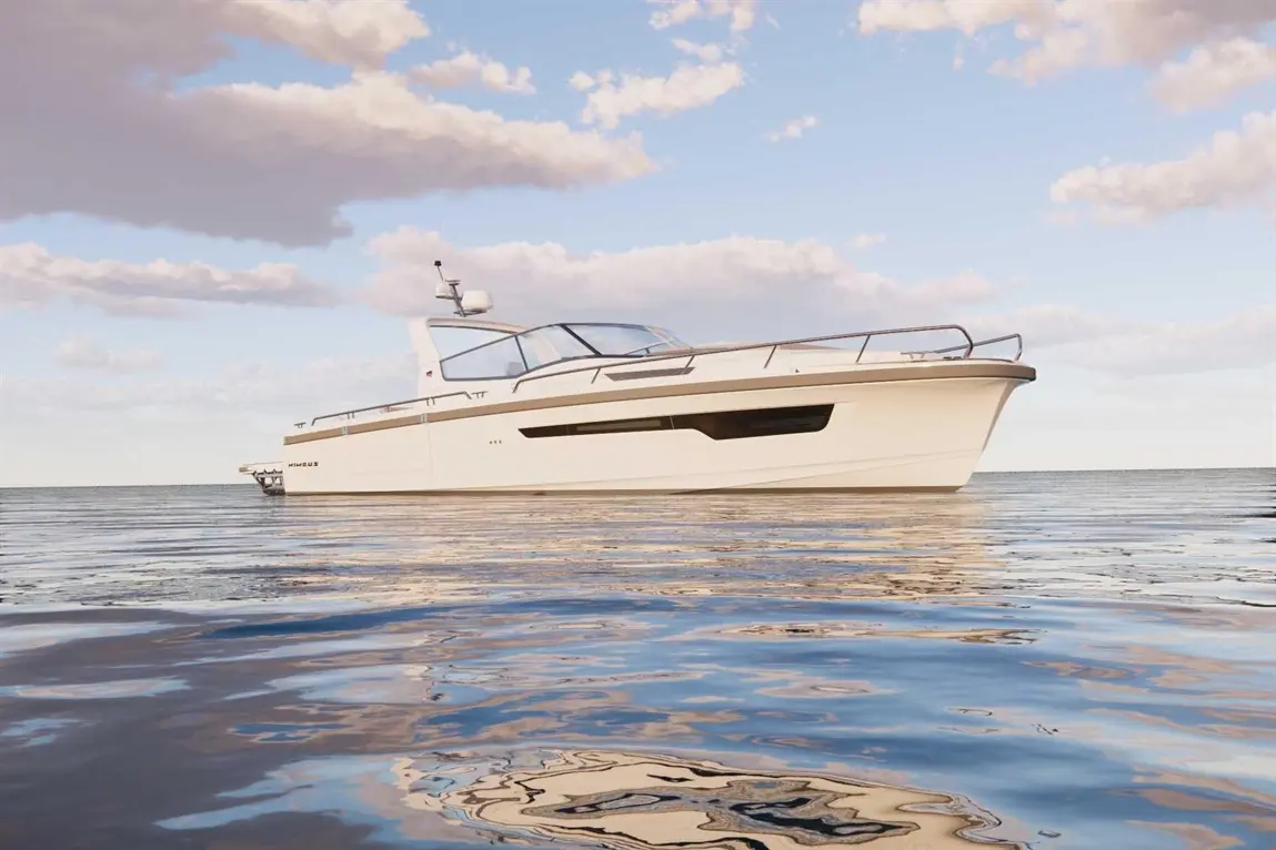 A sleek white motorboat floating on calm waters, under a partly cloudy sky, with reflections on the water's surface.
