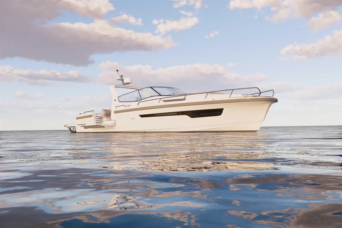 A sleek white boat floats on calm water, reflecting clouds in a serene sky, showcasing luxury and craftsmanship.