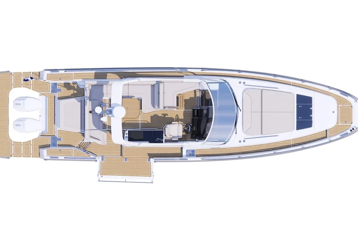 Top view of a modern yacht showcasing the helm, seating area, and deck layout with sleek design and wooden flooring.