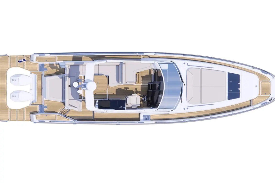 Top view of a yacht featuring a sun deck, seating area, and steering console with two outboard motors visible.