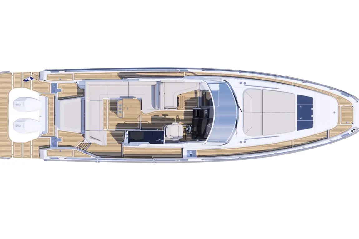 Bird's-eye view of a luxury yacht's deck showing seating, sunbeds, and a steering area with twin engines below.